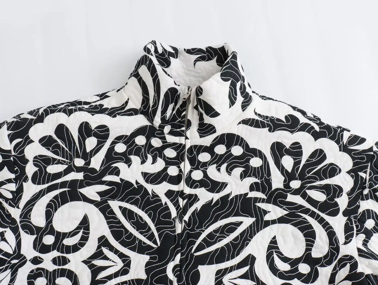 Women Black and White Printed Quilted Cotton Parka Jacket - Neon North Clothing