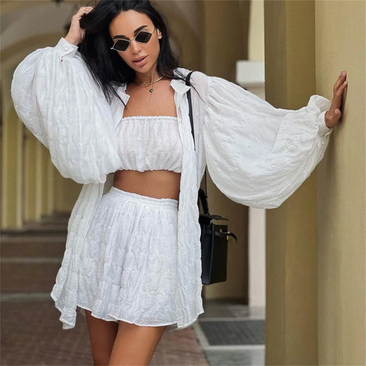 White Cardigan Shorts Suit - 3 Piece Lantern Long Sleeve Top and Shorts Set - Neon North Clothing