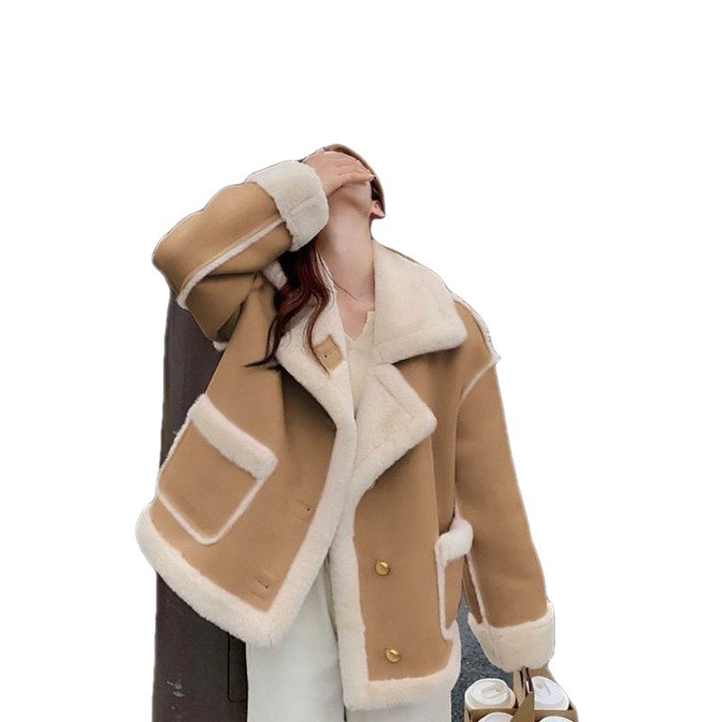 Lamb Fur Stand Collar Pockets Contrast Color Single Breasted Coat - Neon North Clothing