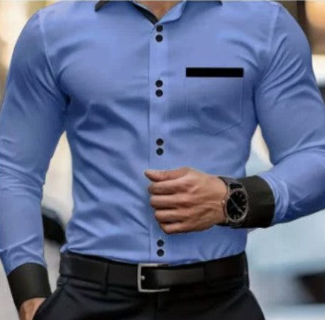 Mens Casual Long-Sleeve Shirt with Pocket - Loose Fit Solid Color