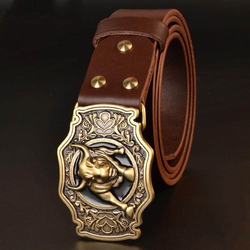 Men's Cowhide Buckle Belt with Copper Buckle - Head Layer Cowhide Smooth Design