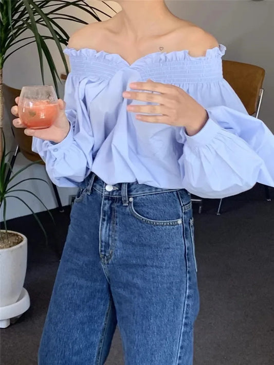 Off Shoulder Blouse with Lantern Sleeves for Effortless Style - Neon North Clothing