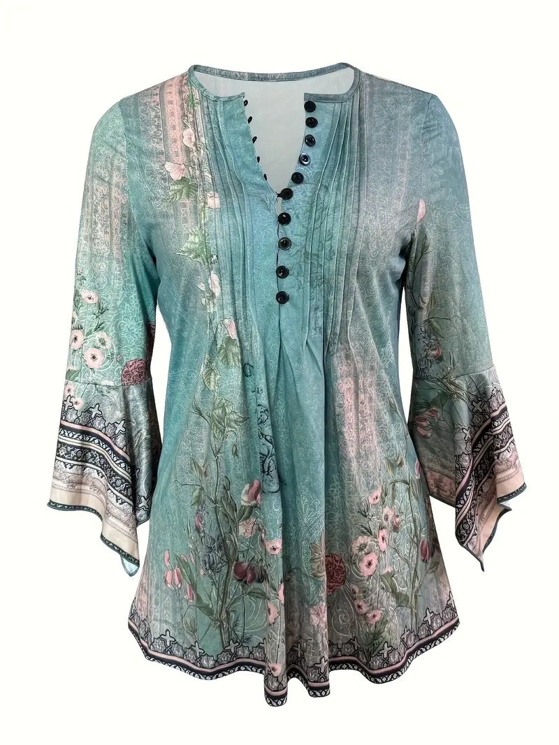 Printed Studded Irregular Three-quarter Sleeve Top - Elevate Your Style with a Trendy Printed Studded Top