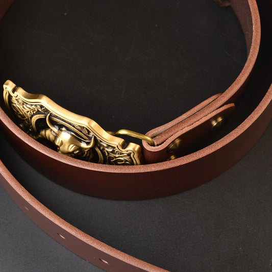 Men's Cowhide Buckle Belt with Copper Buckle - Head Layer Cowhide Smooth Design