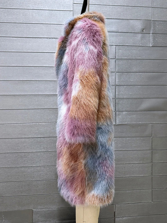 Multi Color Luxury Lapel Faux Fox Fur Long Coat - Neon North Clothing