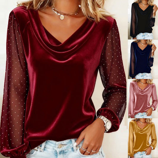 Women's Velvet Blouse Long Sleeve Diamond Mesh V-neck Design