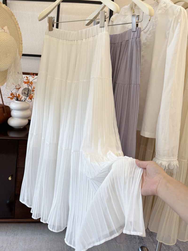 Womens Retro High-Waist Skirt - Elegant Solid-Colored Pleated French-Style Design