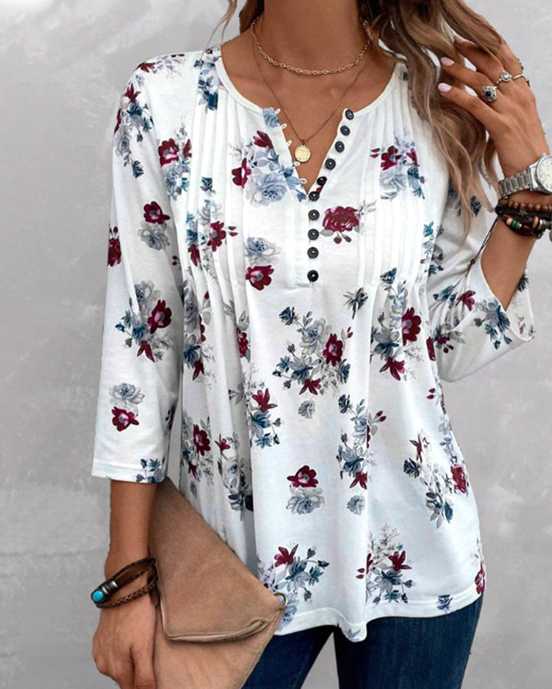 Casual Loose Wear Floral V-neck Printed Top