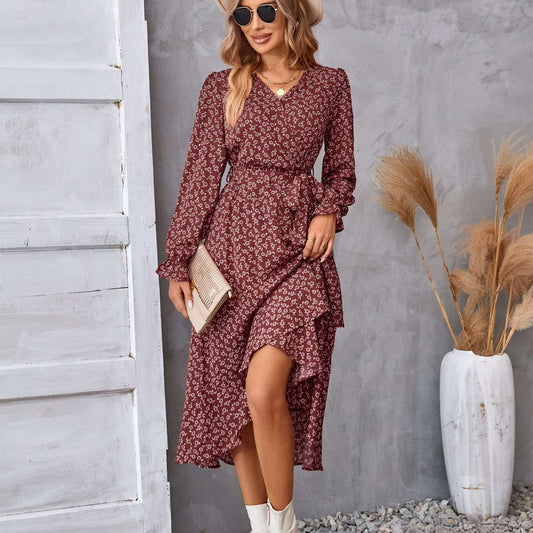 Ruffled V-Neck with Belt Women's Floral Long Sleeve Dress