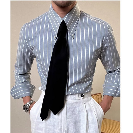 Mens Striped Long-Sleeve Shirt - Retro Casual White Slim Fit