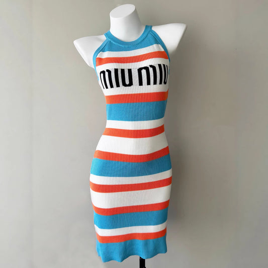 Striped Sleeveless Dress with Fitted Waist - Neon North Clothing