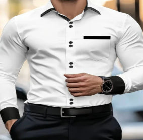 Mens Casual Long-Sleeve Shirt with Pocket - Loose Fit Solid Color