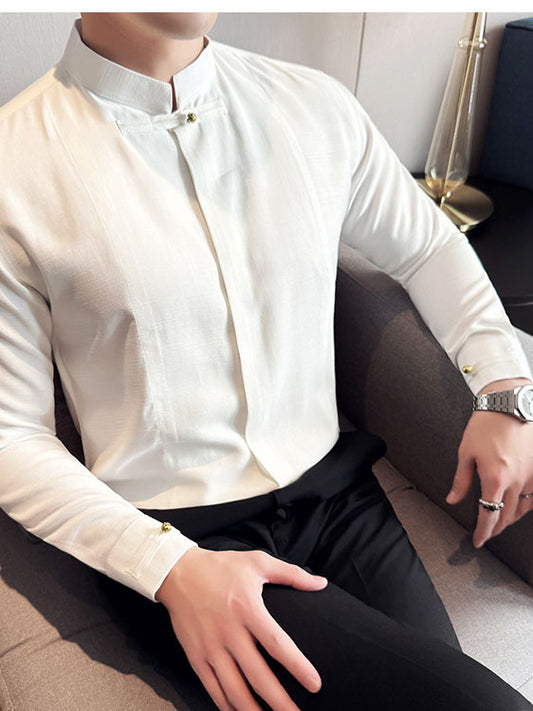 Men's Cotton Long-sleeved Shirt with Solid Color and Stand Collar