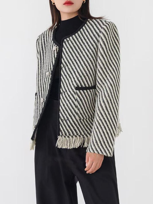 Striped Round Neck Long Sleeve Patchwork Tassels Hem Coat - Neon North Clothing