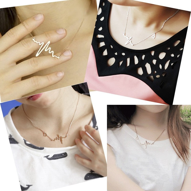Simple Wave Heart Heartbeat Gold Pendant Charm Necklace - Neon North Clothing