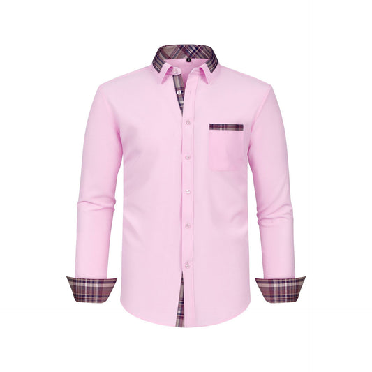 Mens Long Sleeve Shirt Patchwork Collar with Plaid Design for Stylish Comfort