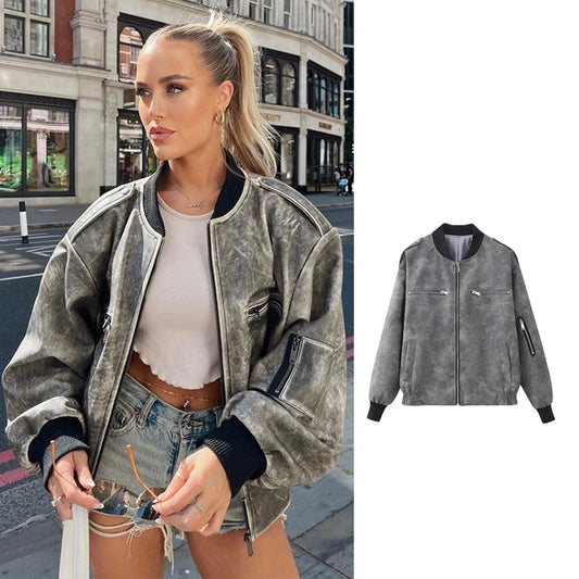 Faux Leather Zipper Cropped Bomber Jacket - Neon North Clothing