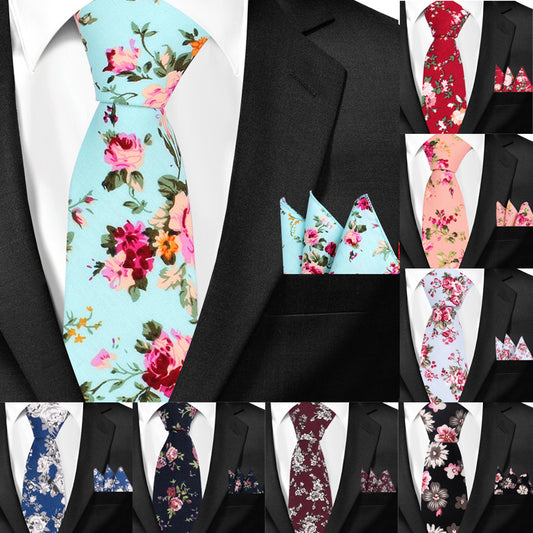 Casual Floral Pocket Square Set - Cotton Floral Print 6cm Tie Pocket Square 2 Piece Set