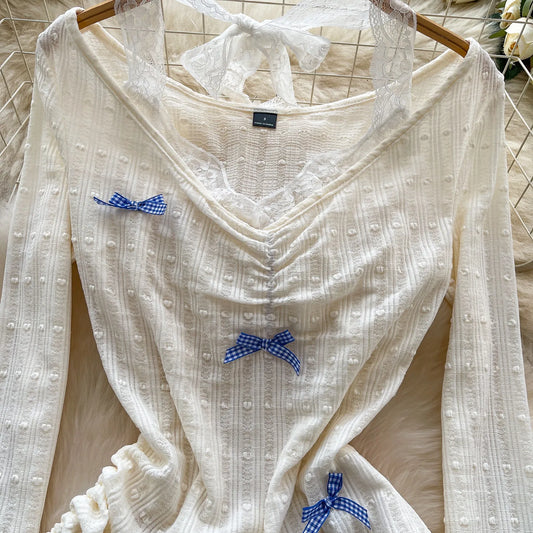 Bow Lace Splicing Long Sleeve Top - Neon North Clothing