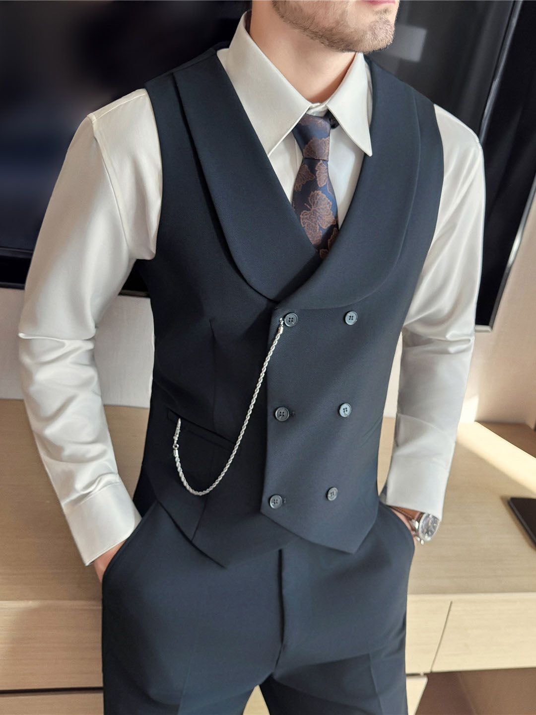 Men's Double-Breasted Shawl Collar Vest in Yarn-Dyed Fabric