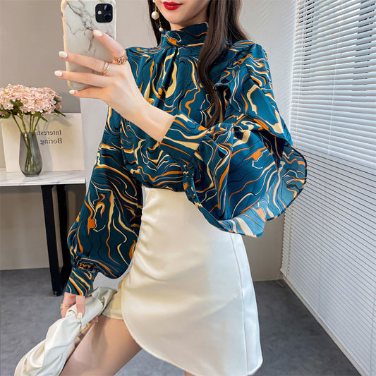 Loose Chiffon Blouse with O Neck Stripe Print and Lantern Sleeves - Neon North Clothing