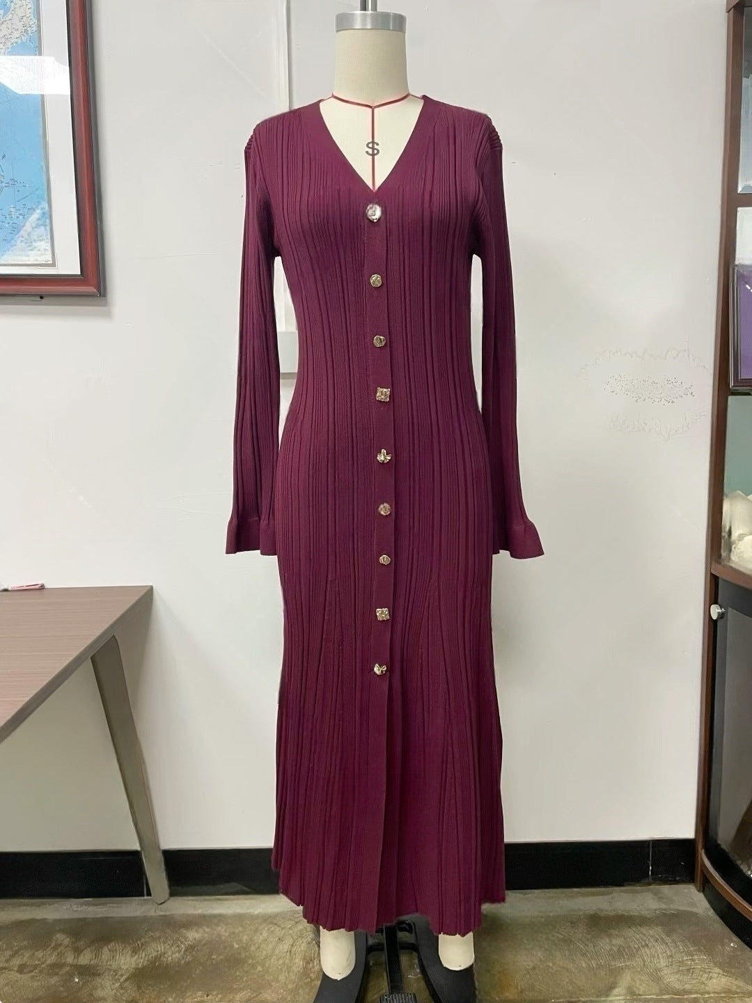 Elegant Luxury Shimmer V-Neck Long Sleeve Fitted Waist Knit Dress - Neon North Clothing