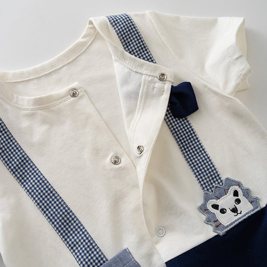 Little Lion One-piece Suit - Check Strap Short-sleeved Gentleman Climb Suit