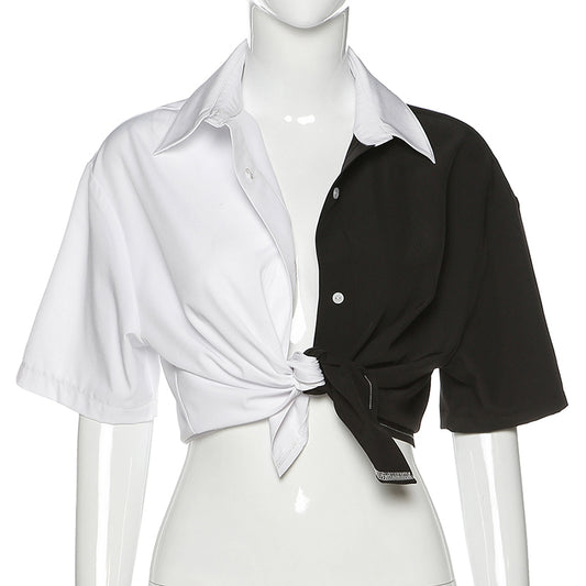 Black White Patchwork Blouse - Casual Street Short Sleeves Top - Neon North Clothing