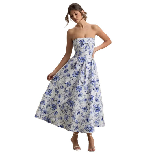 Elegant Floral Off-Shoulder Dress with Waist-Cinched Design
