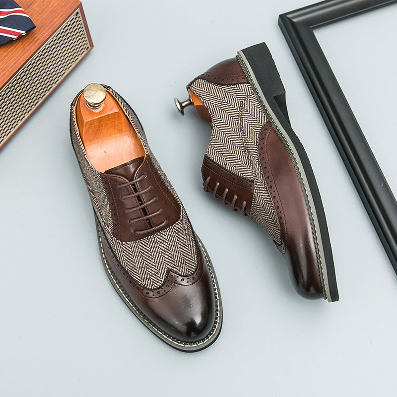 Brogue Men's Leather Shoes - Casual Formal Wear with Plaid Design