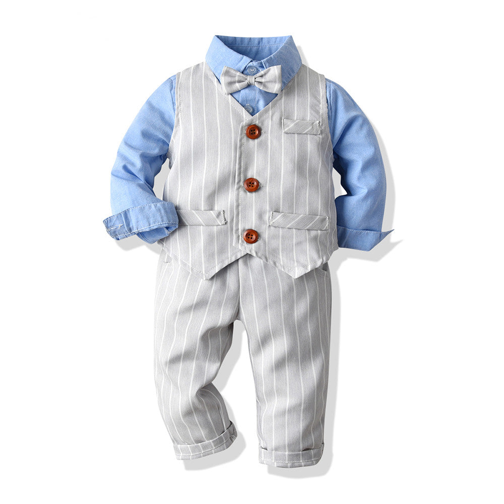 Baby Boy Suit Three-Piece with White Shirt, Striped Vest, and Pants for Spring and Autumn