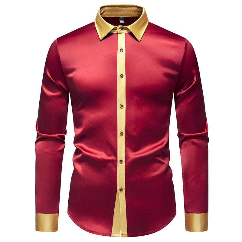 Mens Satin Colorblock Shirt - Slim Fit Long Sleeve Stylish Design