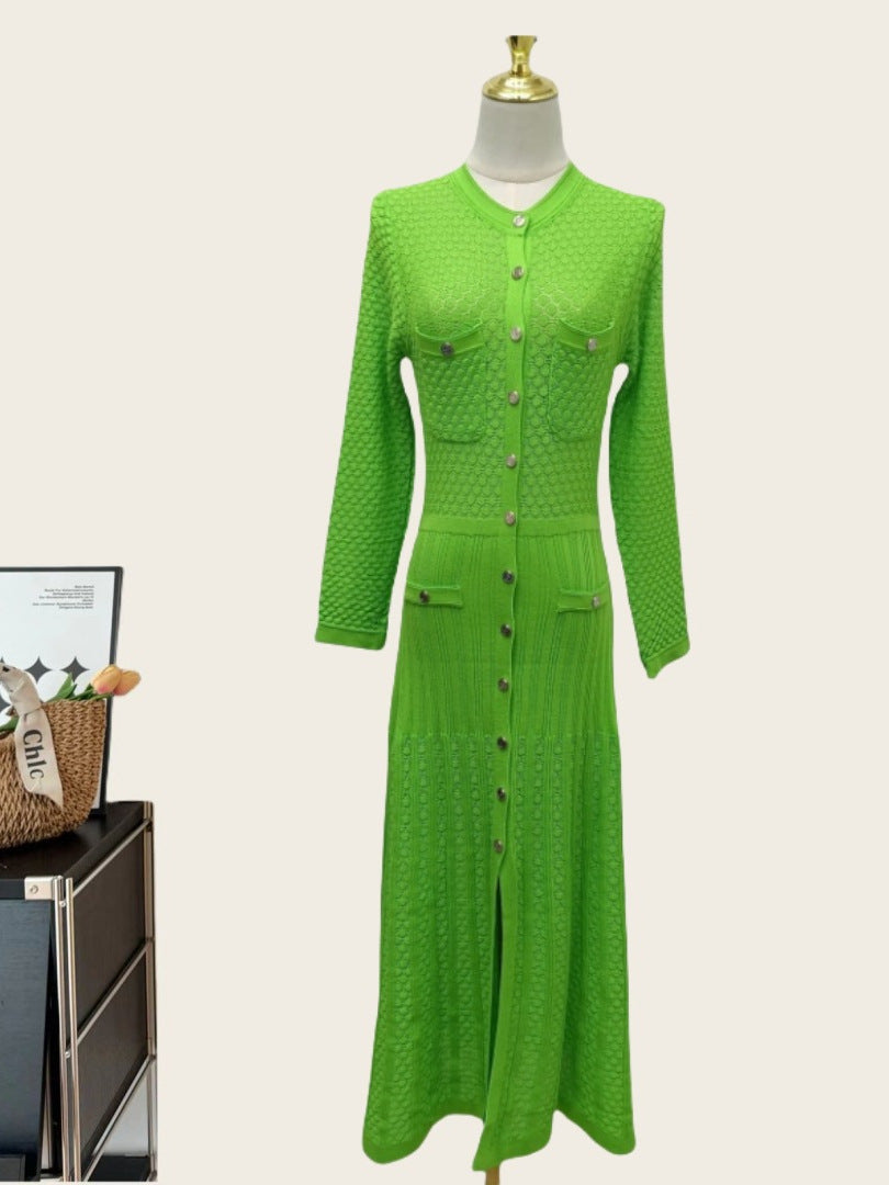 Elegant Long Sleeve Round Neck Dress with Waistline - Neon North Clothing