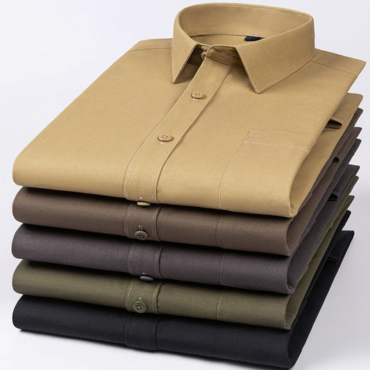 Spring Mens Khaki Cotton Long-sleeve Shirt - Slim Fit