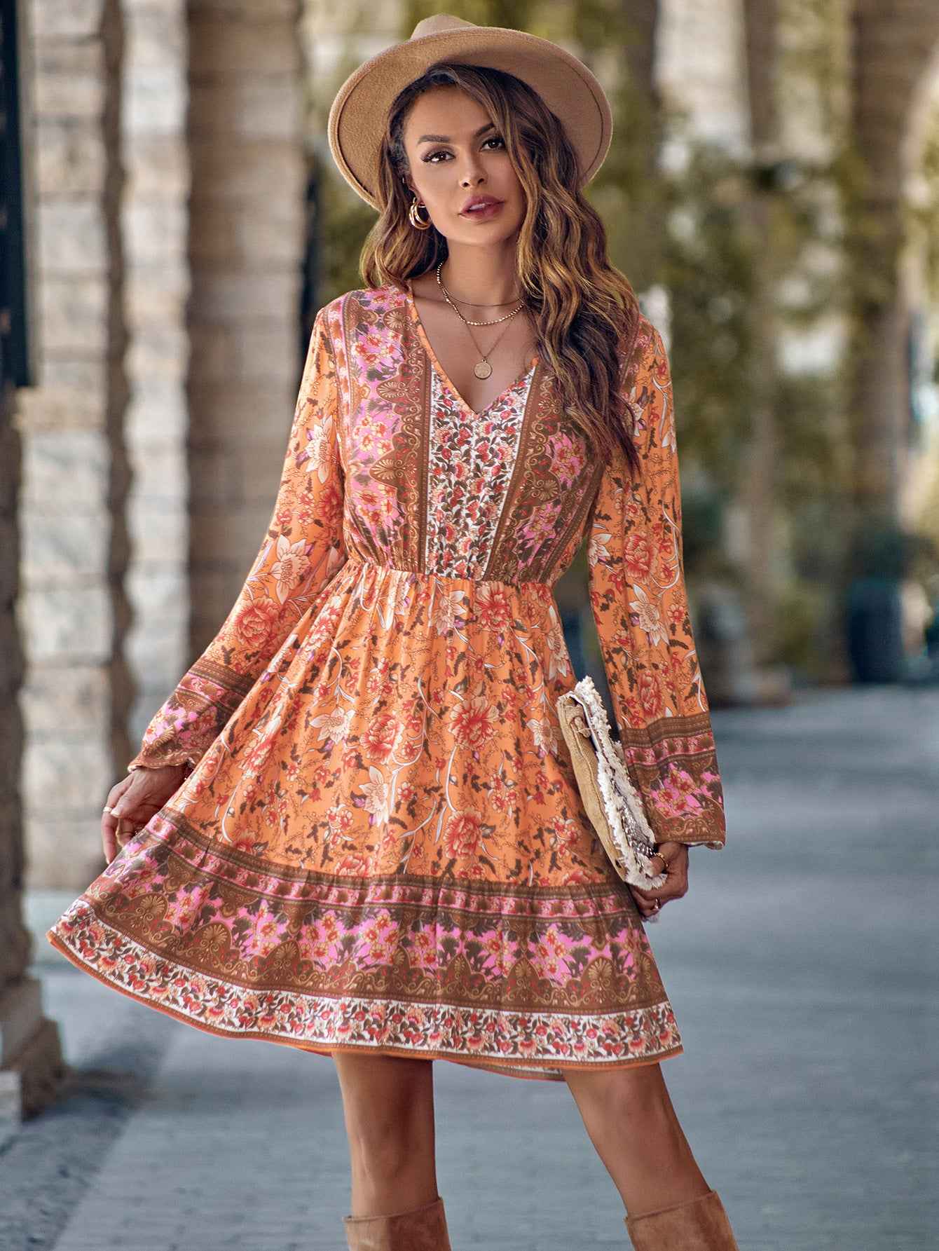 Waist-Control V-Neck Dress for Women - Printed Long Sleeve Style