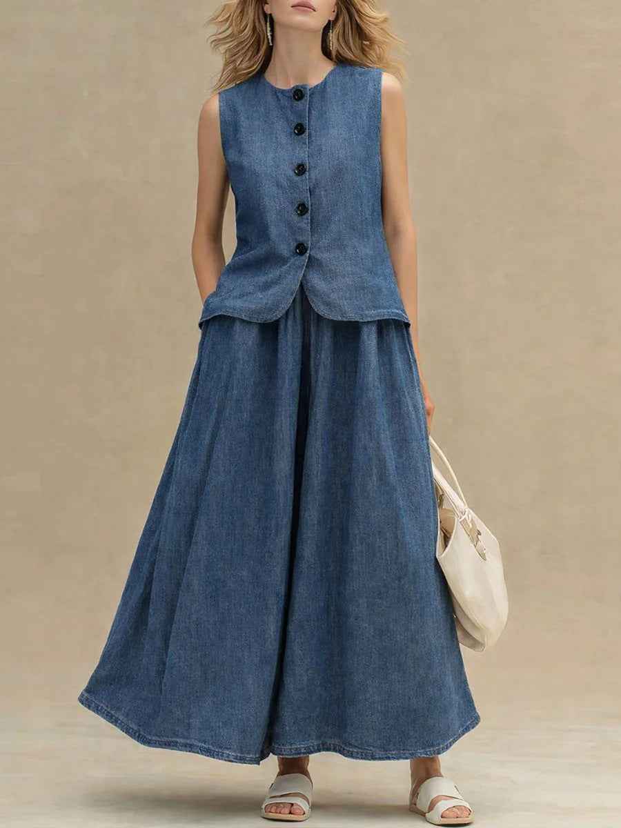 Womens Denim Top and Skirt Set: Crew-Neck Denim Top with High-Waist A-Line Skirt