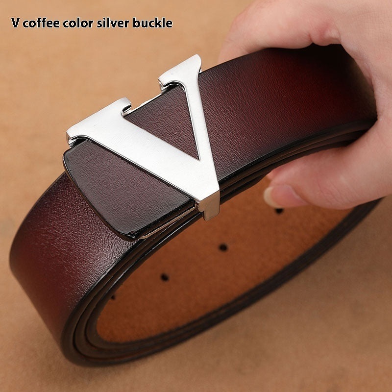 Smooth Genuine Leather Pants Belt - Pure Cowhide Letter V Design - Neon North Clothing