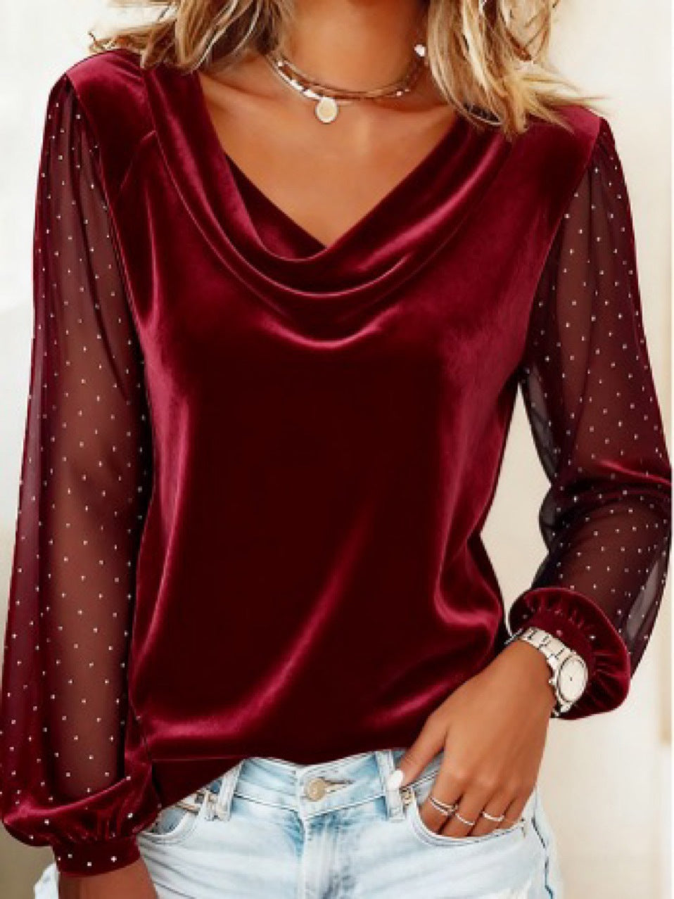 Women's Velvet Blouse Long Sleeve Diamond Mesh V-neck Design
