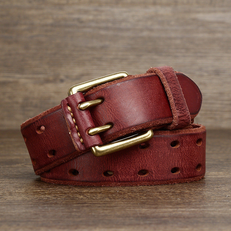 Men's Retro Cowhide Belt - Casual Free Pin Punch First Layer Leather in Wine Red - Neon North Clothing