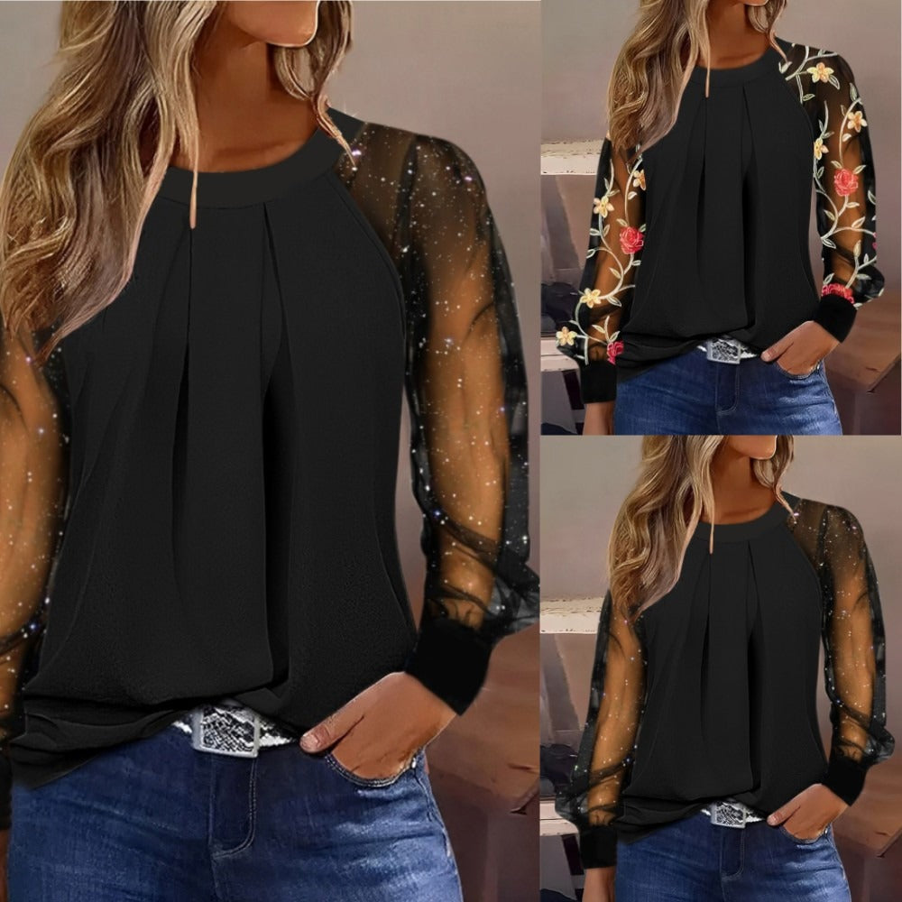Flower Dot Print Blouse - Puff Lace Long Sleeve Top - Neon North Clothing