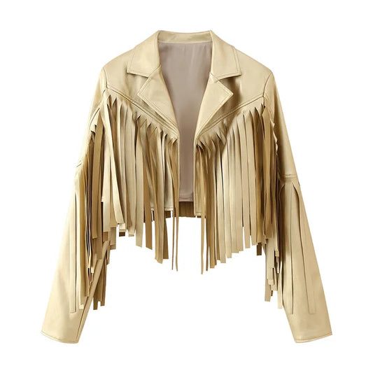 Spring Women Leather Jacket with Classic Tassel Design