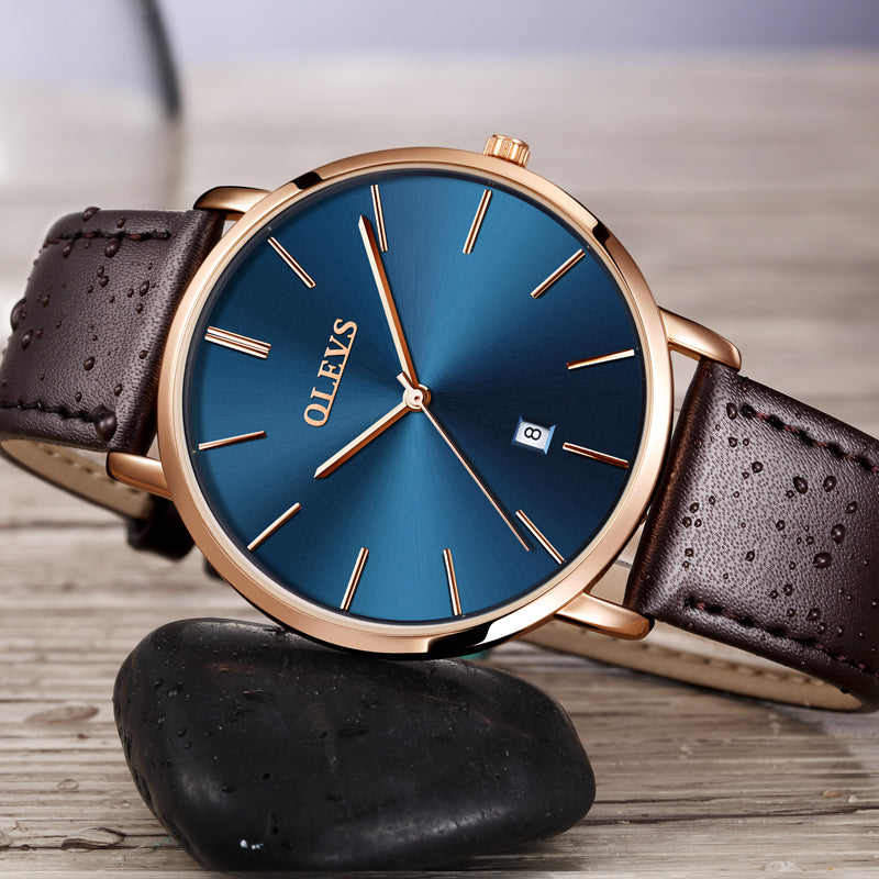 OLEVS Leather Strap Watch - Waterproof Auto Date Quartz Wristwatch