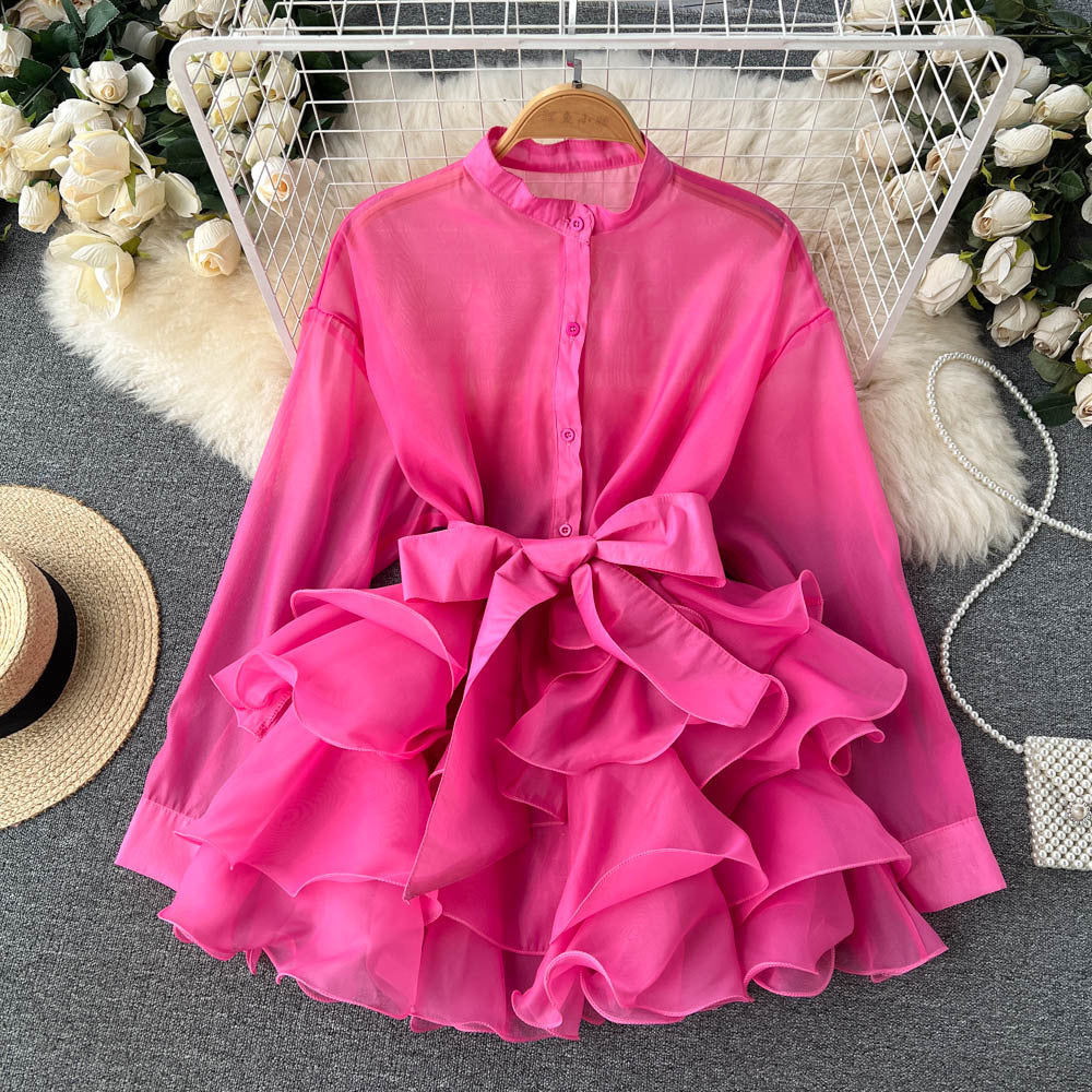 Long Sleeve Patchwork Single Breasted Blouse - Neon North Clothing