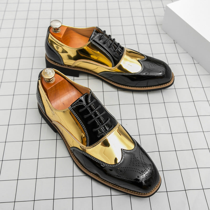 Brogue Color Matching Trendy Men's Leather Shoes Gold - Black