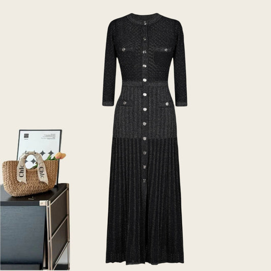 Elegant Long Sleeve Round Neck Dress with Waistline - Neon North Clothing