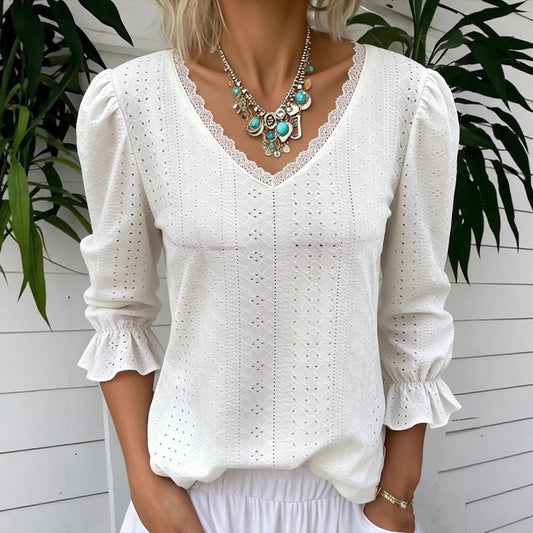 Women's V Neck Hollowed Out Top for Mid Sleeve Stylish Comfort