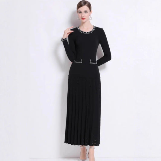 Elegant Long Sleeve Pearl Embellished Pleated Dress - Neon North Clothing
