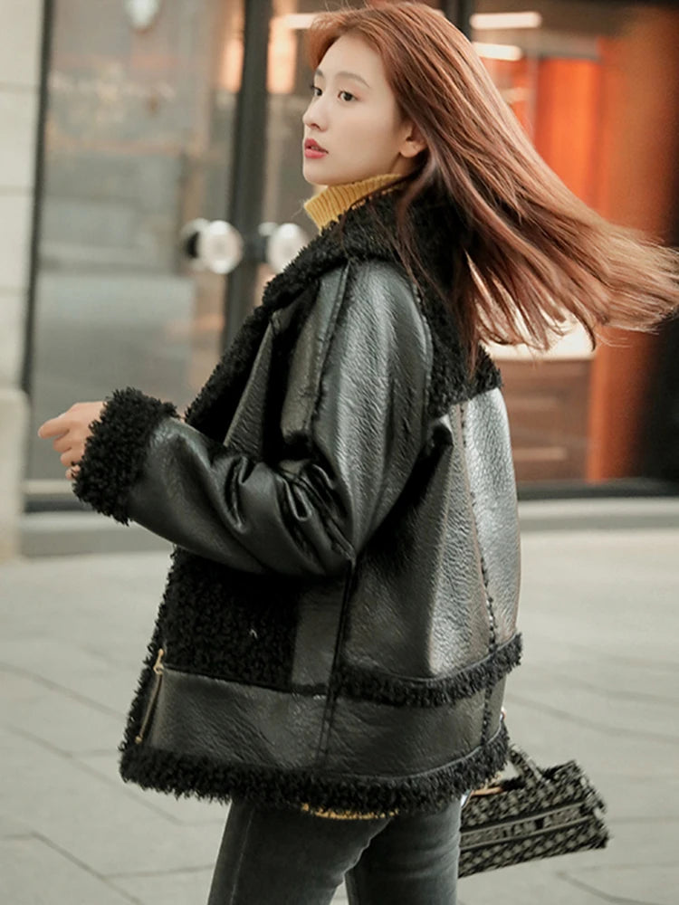 Leather Faux Fur Contrast Coat with Lapel and Pockets