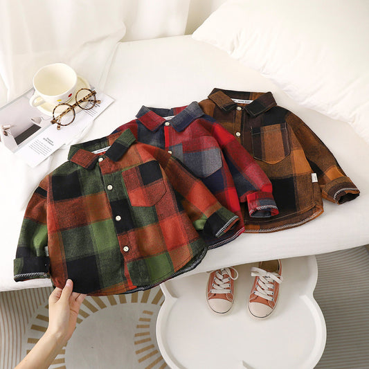 Unisex Plaid Shirt for Kids - Contrast Long Sleeve Turn Down Collar Shirt (1-10 Years) - Neon North Clothing