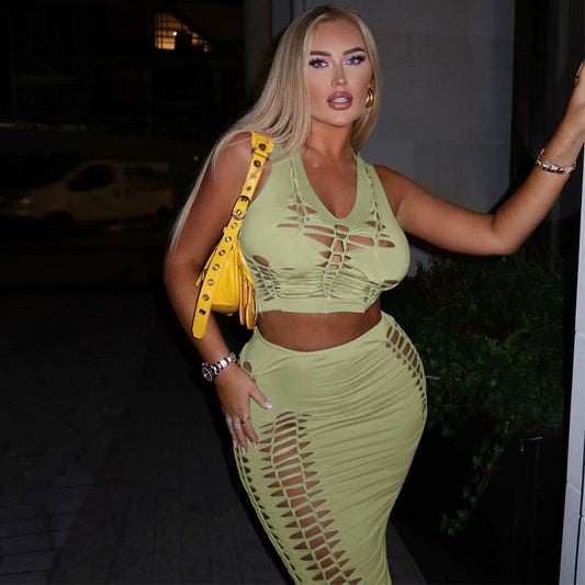 Crop Tank Top Long Skirt Set - Stylish Two Piece Matching Outfit - Neon North Clothing